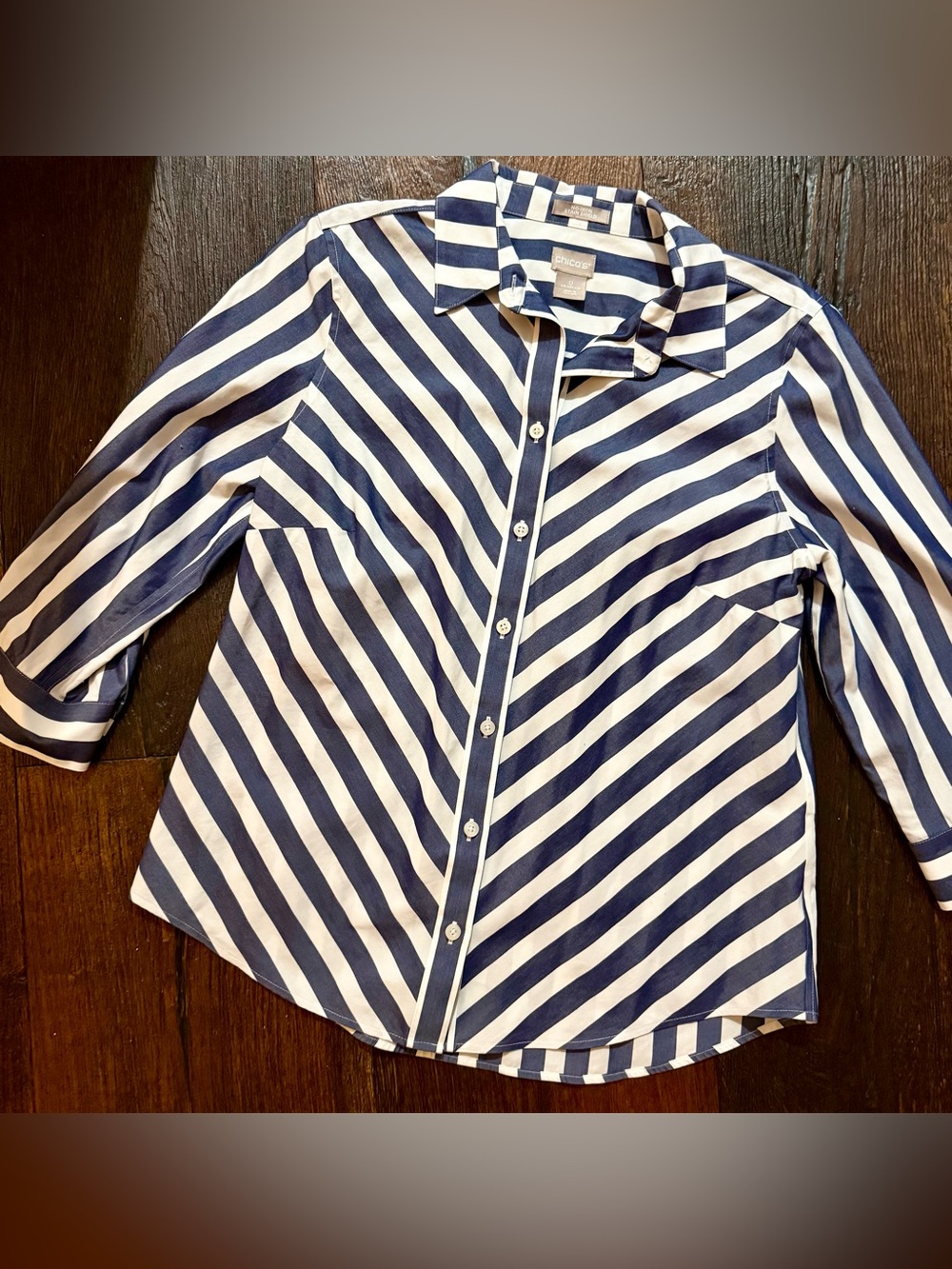 Chico's Navy & White Striped Collared Shirt